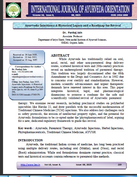 Ayurvedic Injections: A Historical Legacy and a Roadmap for Revival